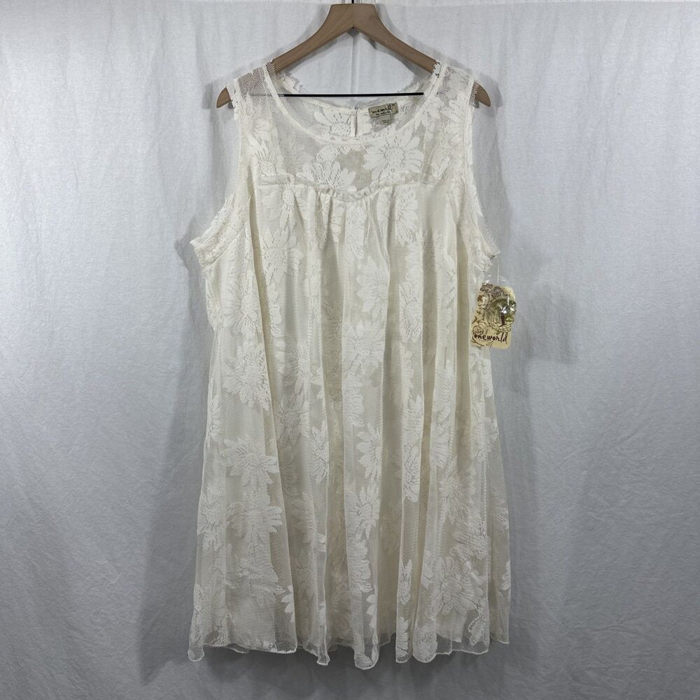 One World Ivory Lace Babydoll Mini Dress Women’s Sz 3X Western Cottagecore Boho